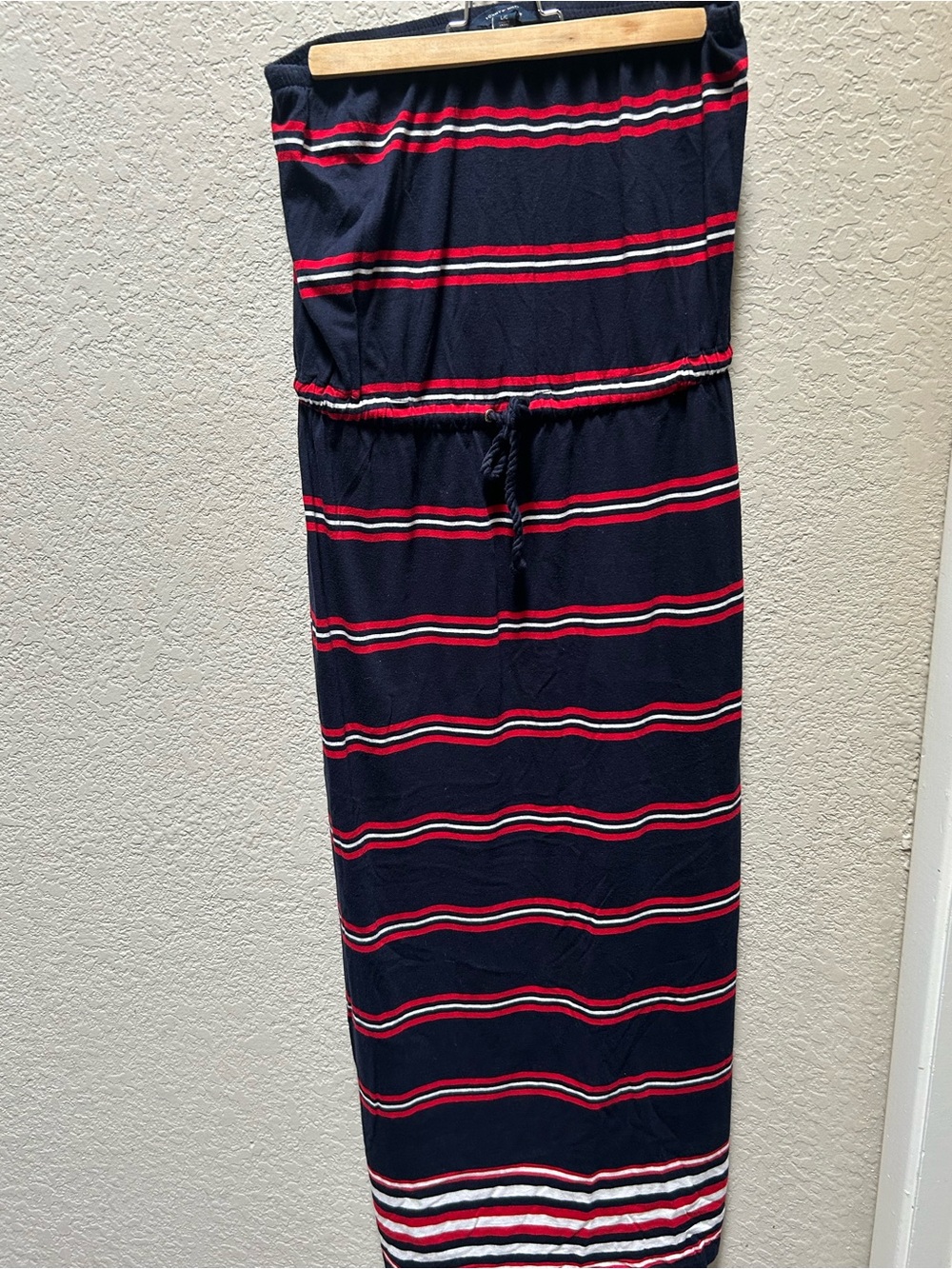 Tommy Hilfiger Strapless Striped Drawstring Maxi Dress Navy Red White